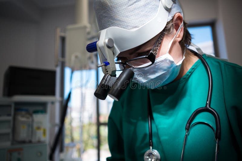 Surgeon Wearing Surgical Loupes while Operating Stock Photo Image of