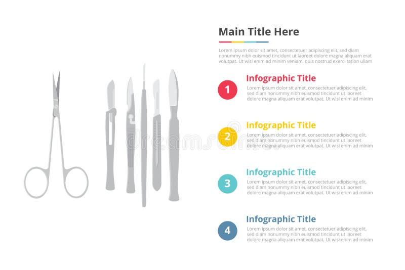 Surgery surgical instruments tools infographics template with 4 points of free space text description -  illustration