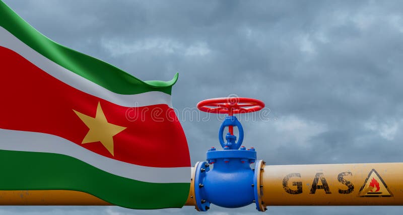 Suriname gas, valve on the main gas pipeline Suriname, Pipeline with flag Suriname, Pipes of gas from Suriname, 3D work and 3D royalty free illustration