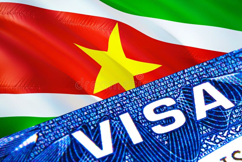Suriname visa document close up. Passport visa on Suriname flag. Suriname visitor visa in passport,3D rendering. Suriname multi vector illustration