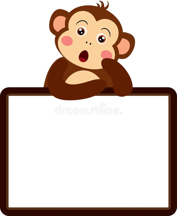 Surprise cute monkey with blank frame stock illustration