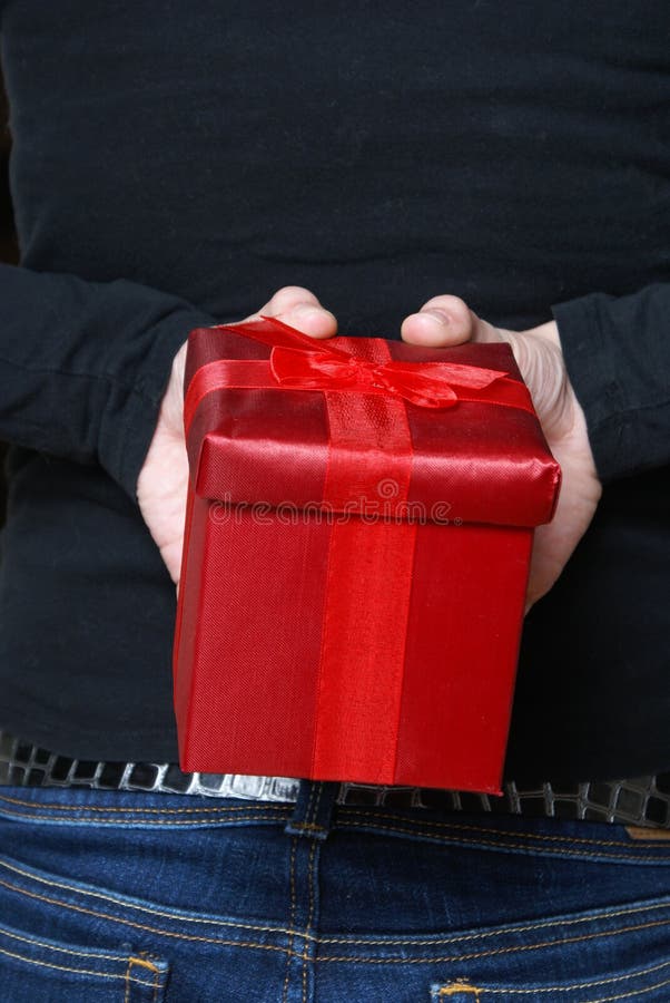 Holiday. Man Hiding Surprise Gift Box Behind Back Stock Image Image