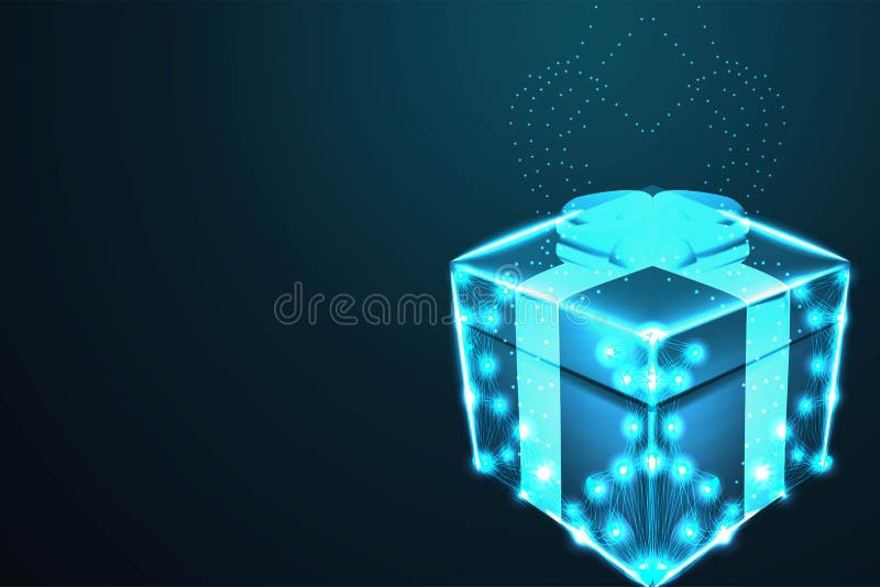 Surprise gift box, Polygonal wire frame mesh looks like constellation on dark blue night sky with dots and stars, illustration