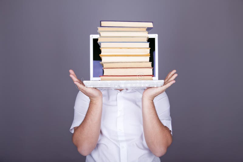 Surprise men with books and white notebook.