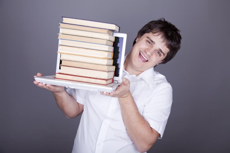 Surprise men with books and white notebook.