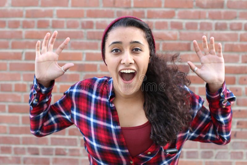 Surprised beautiful caucasian hispanic latina young business woman stock photo