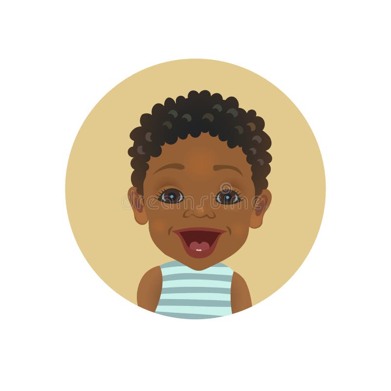 Surprised Afro American baby emoticon. Astonished African child smiley. Cute amazed dark-skinned toddler facial expression avatar vector illustration Surprised Afro American baby emoticon. Astonished African child smiley. Cute amazed dark-skinned toddler facial expression avatar vector illustration