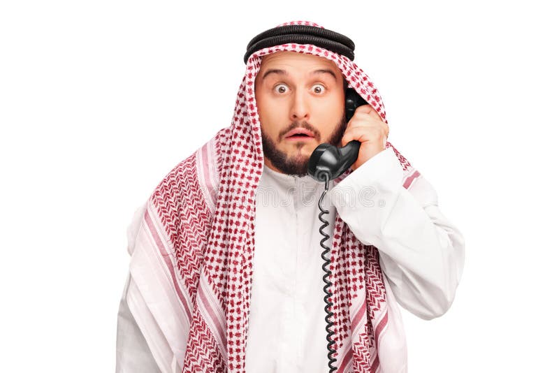 Surprised Arab Holding A Telephone Speaker Stock Photo ...