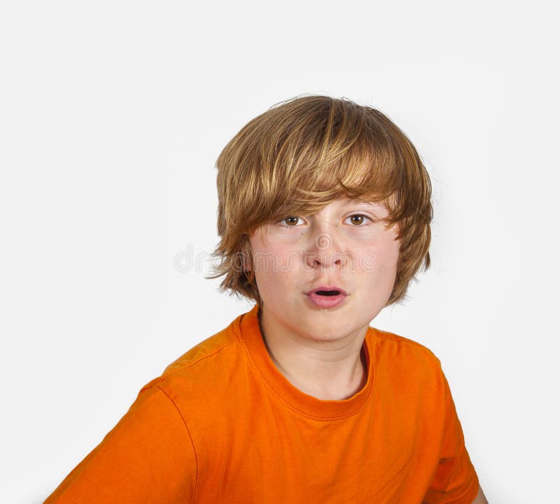 Boy with Orange Shirt Drinks Water Stock Image Image of portrait