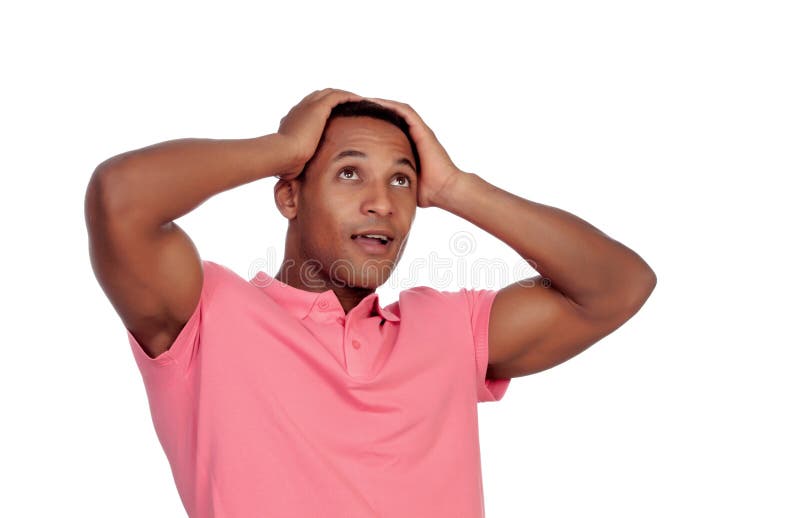 Surprised boy in pink isolated on a white background