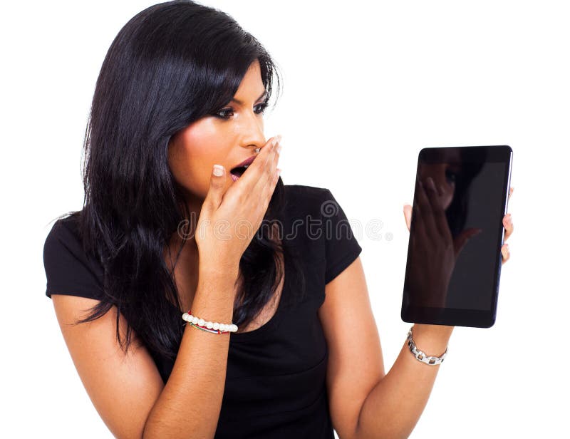 Surprised businesswoman tablet stock photos