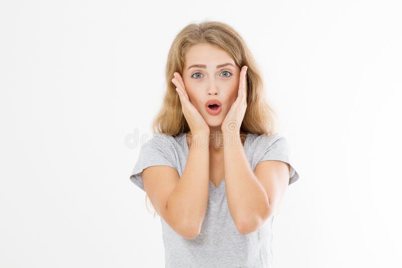 Surprised Caucasian blonde young woman shouting hot news. gossip girl isolated on white background. Summer t shirt template blank.