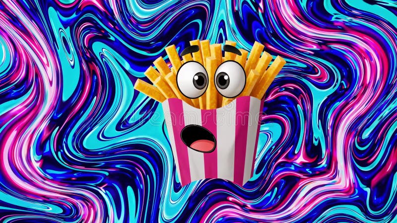 Surprised french fries character on psychedelic background vector illustration