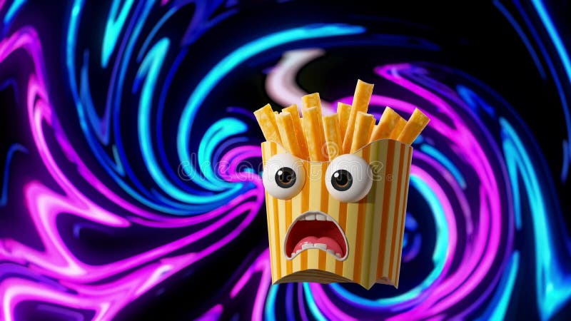 Surprised french fries floating in a psychedelic background vector illustration