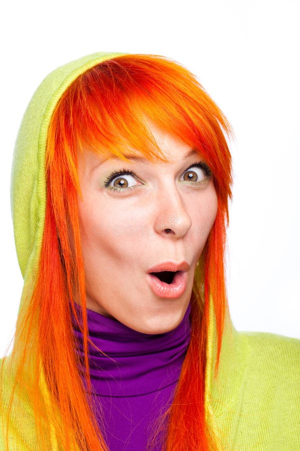 Surprised funny red hair woman with open mouth