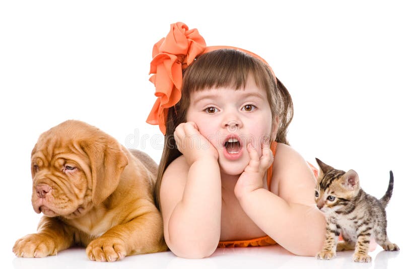 Girl with Pets Dog and Cat. Isolated on White Background Stock Image