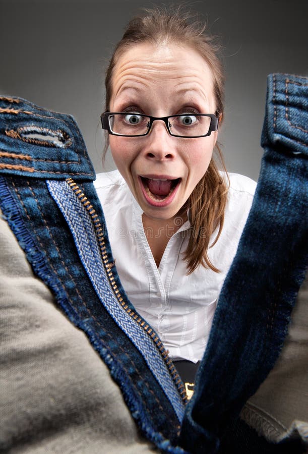 Surprised Girl Looking Inside Unzipped Pants Stock Images Image 19383454