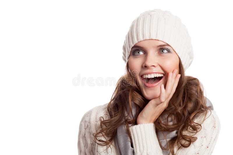 Surprised Girl.Winter woman isolated