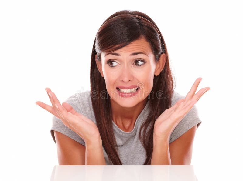 Surprised Latin Woman with Errors Hands Stock Image - Image of ...