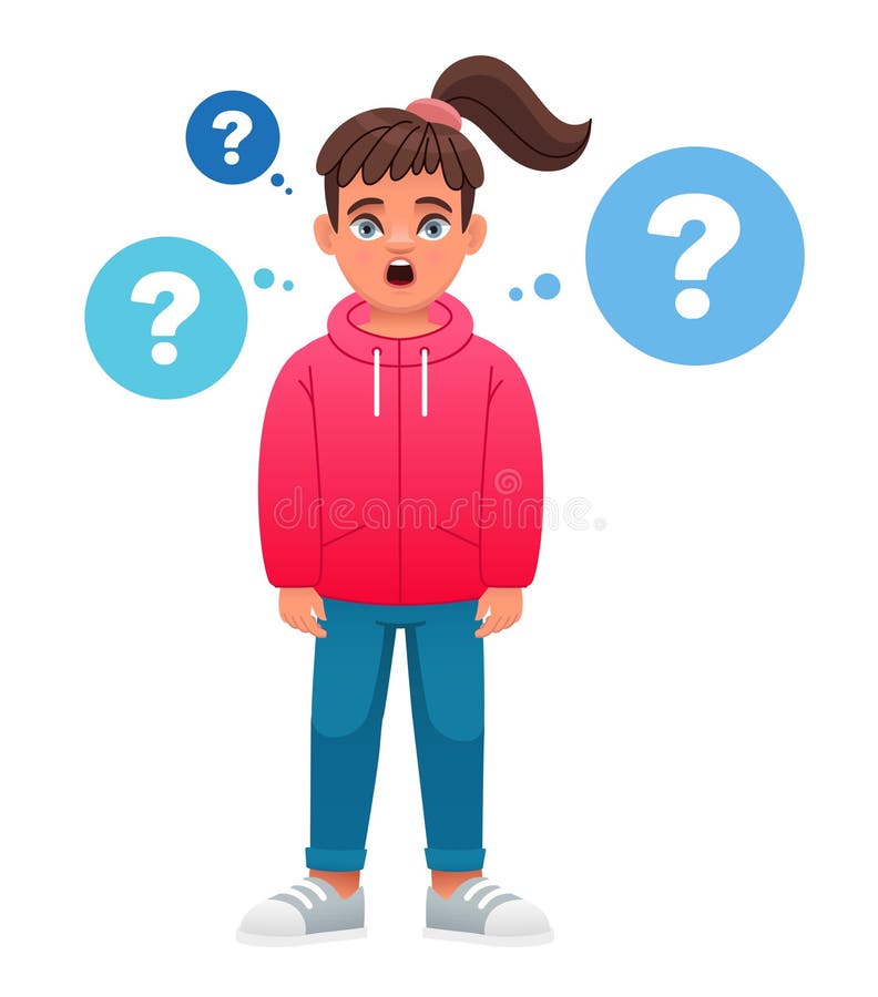 A surprised little girl surrounded by question bubbles. Children\'s and problems. vector illustration