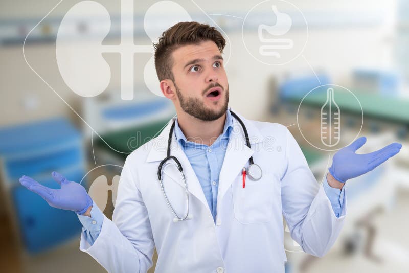 Surprised male doctor posing in a white uniform with medical illustrations.