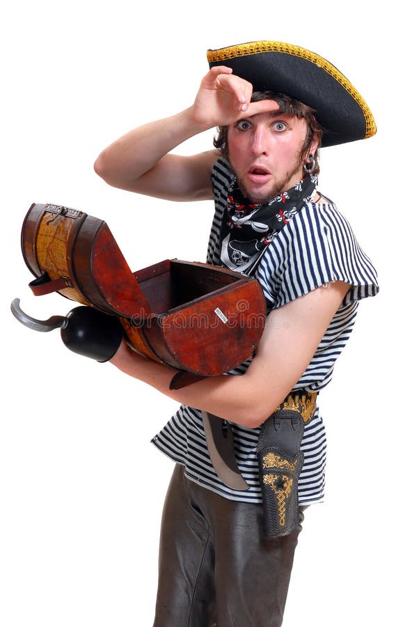 Surprised pirate with a trunk in hands royalty free stock images