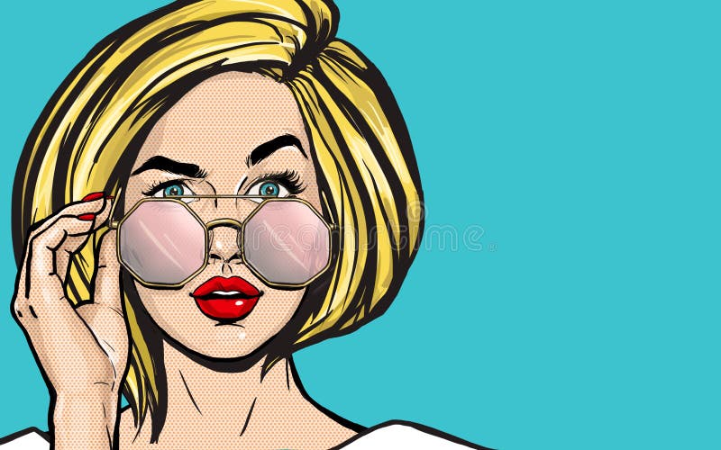 Surprised Pop Art Woman in glasses. Thinking blonde young sexy girl with open mouth. Expressive facial expressions. Wow face.