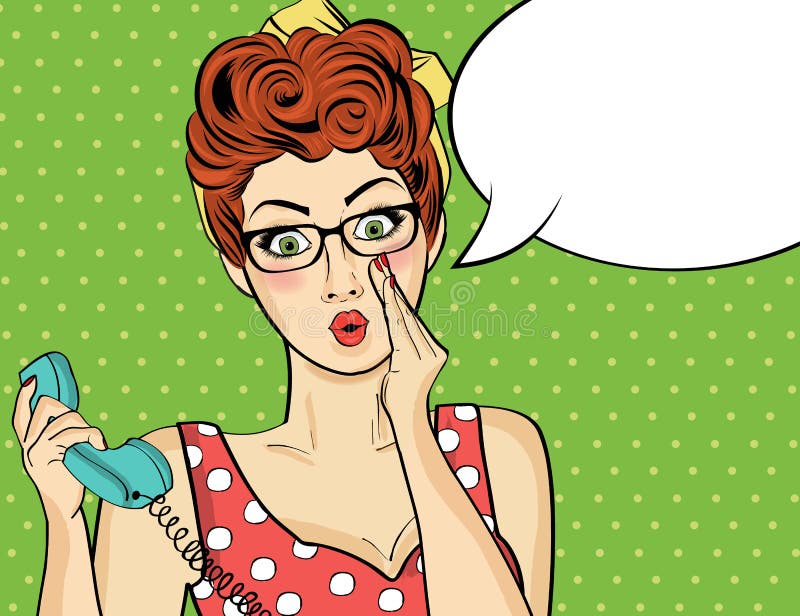 Surprised pop art woman with retro phone, who tells her secrets stock illustration Surprised pop art woman with retro phone, who tells her secrets stock illustration