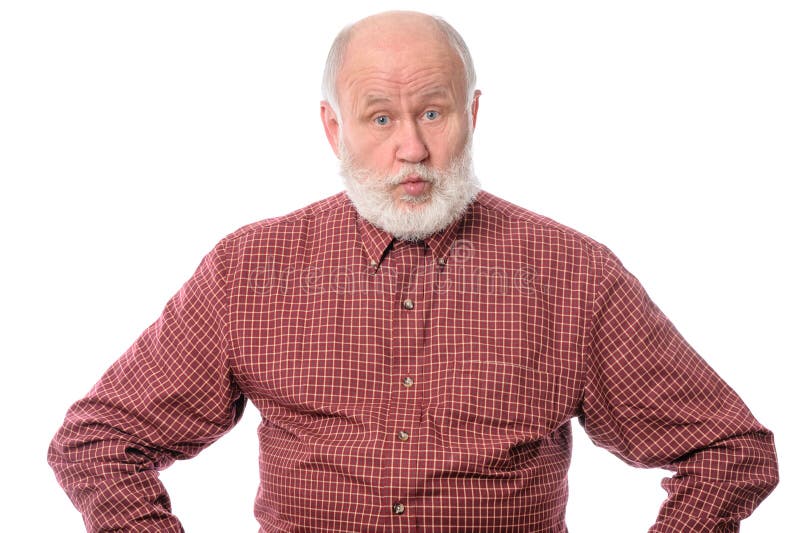 Surprised handsome bald and bearded senior man with arms akimbo, isolated on white background. Surprised handsome bald and bearded senior man with arms akimbo, isolated on white background