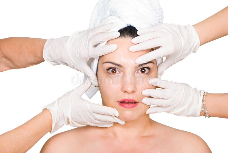 Surprised Woman Face in Surgical Gloves Hands Stock Photo Image of