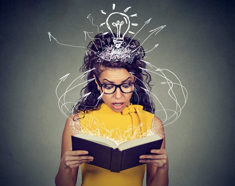 Surprised woman reading a book captivated by an unexpected plot twist royalty free stock photos