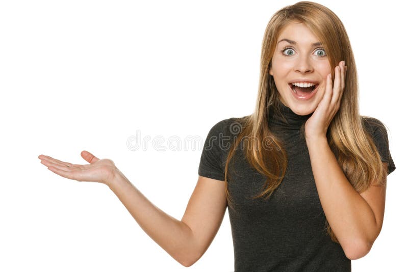 Surprised Woman Showing Copy Space Stock Image - Image of palm, hand ...