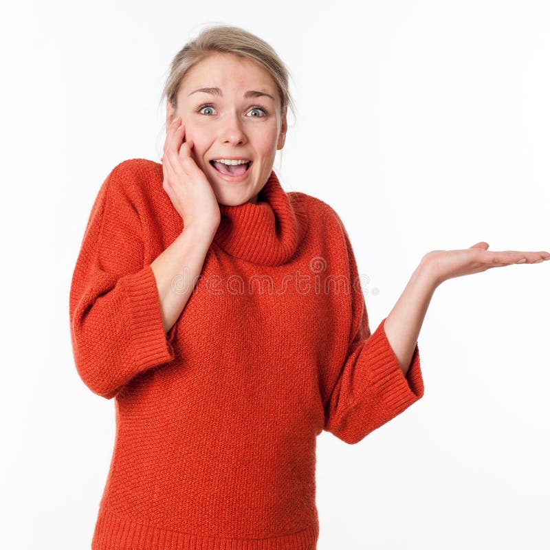 surprised woman showing empty copy space surprised woman showing empty copy space