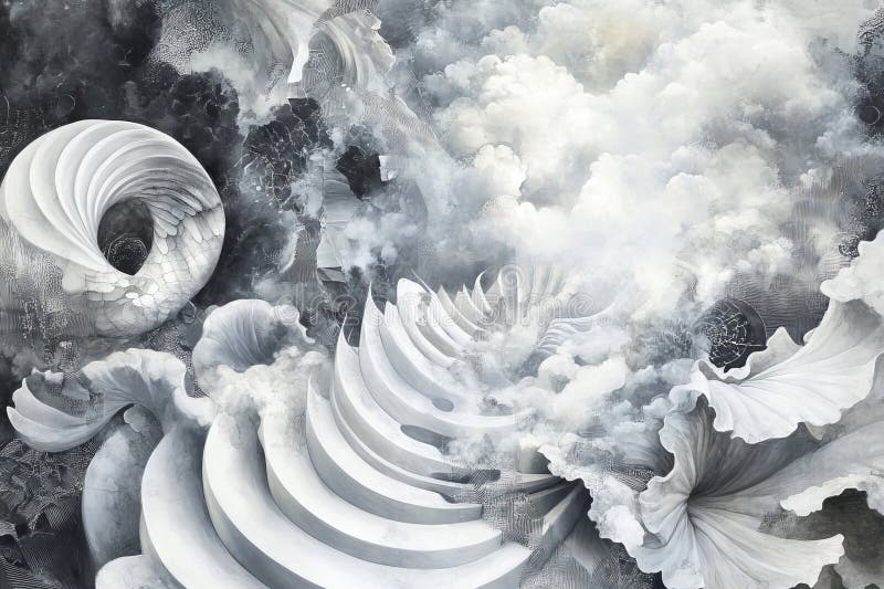 Surreal Abstract Art with Spiraling Forms and Cloudy Textures in Monochrome Palette vector illustration