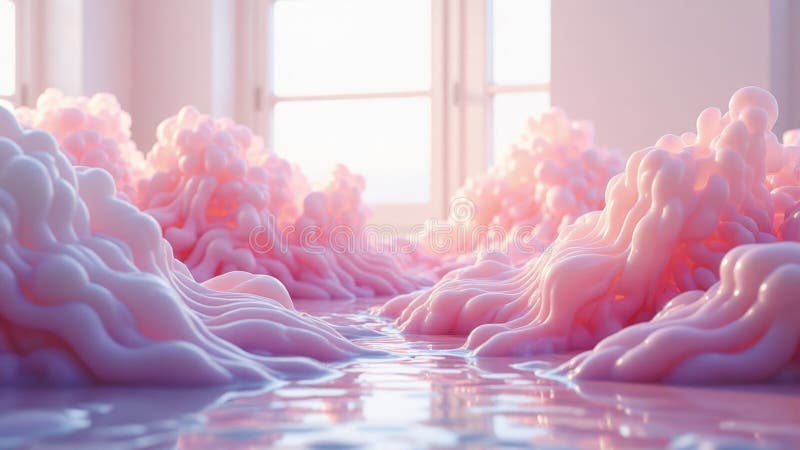Surreal abstract pink landscape with flowing shapes in brightly lit room