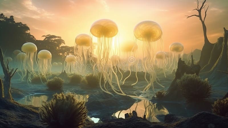 Surreal alien landscape with translucent flying jelly-fish. Generative AI