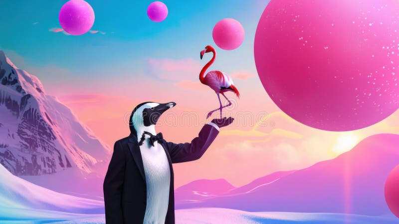 Surreal antarktische Szene mit dapper penguin und flamingo unter rosa orbs bei sonnabend vektor abbildung