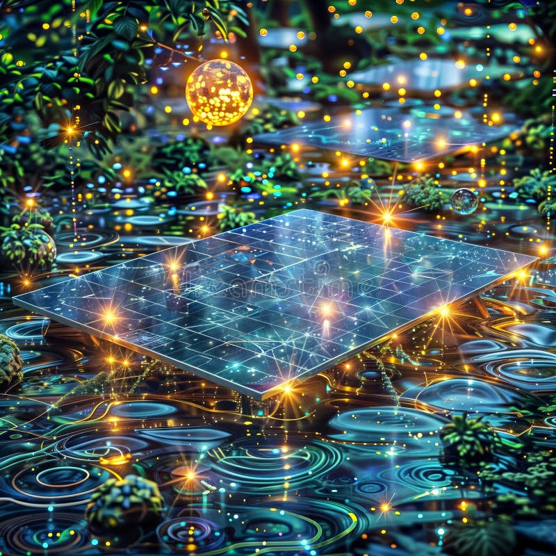 Surreal Blend of Floating Circuit Boards and Vibrant Lights in Nature, generative ai royalty free illustration