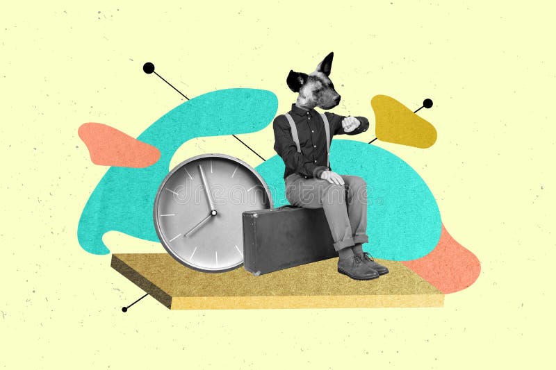 Surreal cartoon collage of head dog animal man sitting lonely waiting his railway transport check watches  on