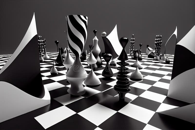 Surreal Chess Game, with Black and White Pieces Floating in Void Stock