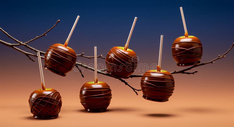 Surreal Chocolate Caramel Apples Hanging on Branch against Gradient Background vektor illustrationer