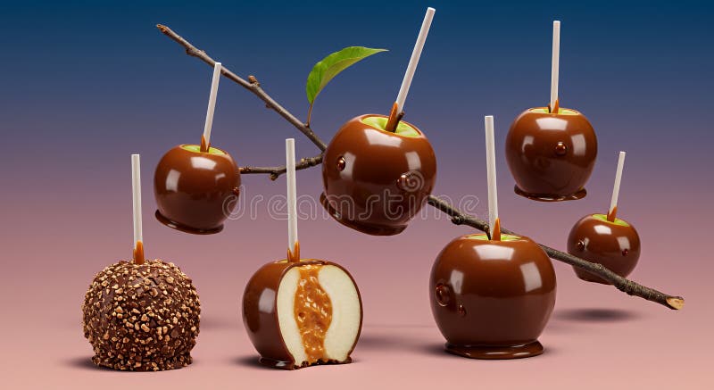 Surreal Chocolate Caramel Apples på övertoningsbakgrund stock illustrationer