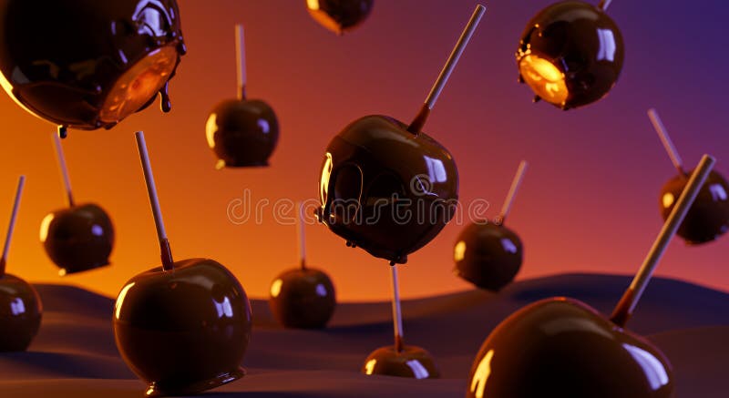 Surreal Chocolate Caramel Apples som sjunker på övertoningsbakgrund stock illustrationer