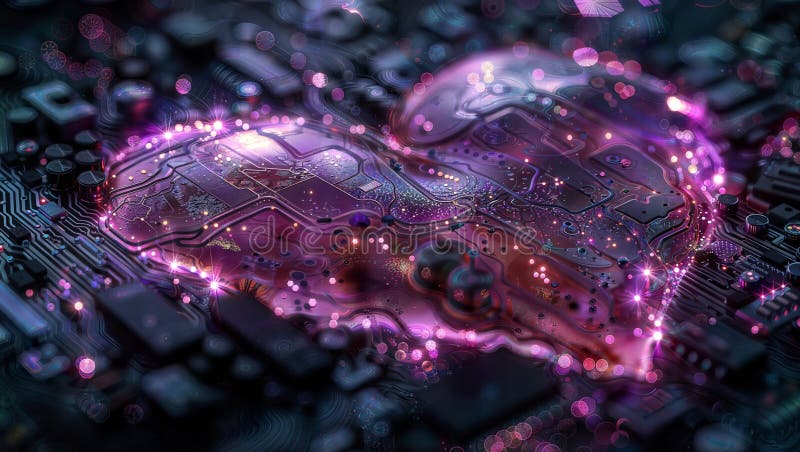 Surreal circuit board art: Glowing lights form a futuristic nebula landscape. , generative ai royalty free illustration