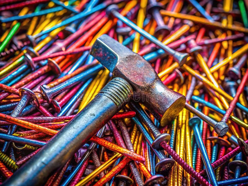 Surreal CloseUp of Hammer and Nails Abstract Exploration of the Repair Rebuilding and the Intricate Details of the Hammer and Nail. Ten urzekający obraz zamykania zagłębia się w surrealistyczny świat budowy i naprawy.. Szczegółowo stworzona tekstura i żywe kolory tworzą abstrakcyjną reprezentację procesu, podkreślającą zawiłe szczegóły marek młotka paznokci oraz potencjał zniszczenia i odnowienia. Obraz pełni rolę zaawansowanej metafory wizualnej, która umożliwia odbudowę niezależnie od tego, czy jest