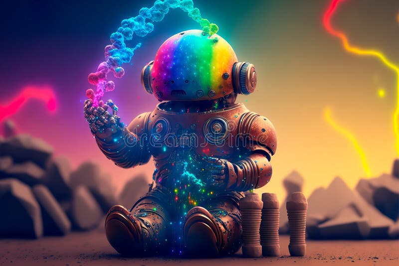 Surreal composition. Beautiful multicolored robot Generative AI stock illustration