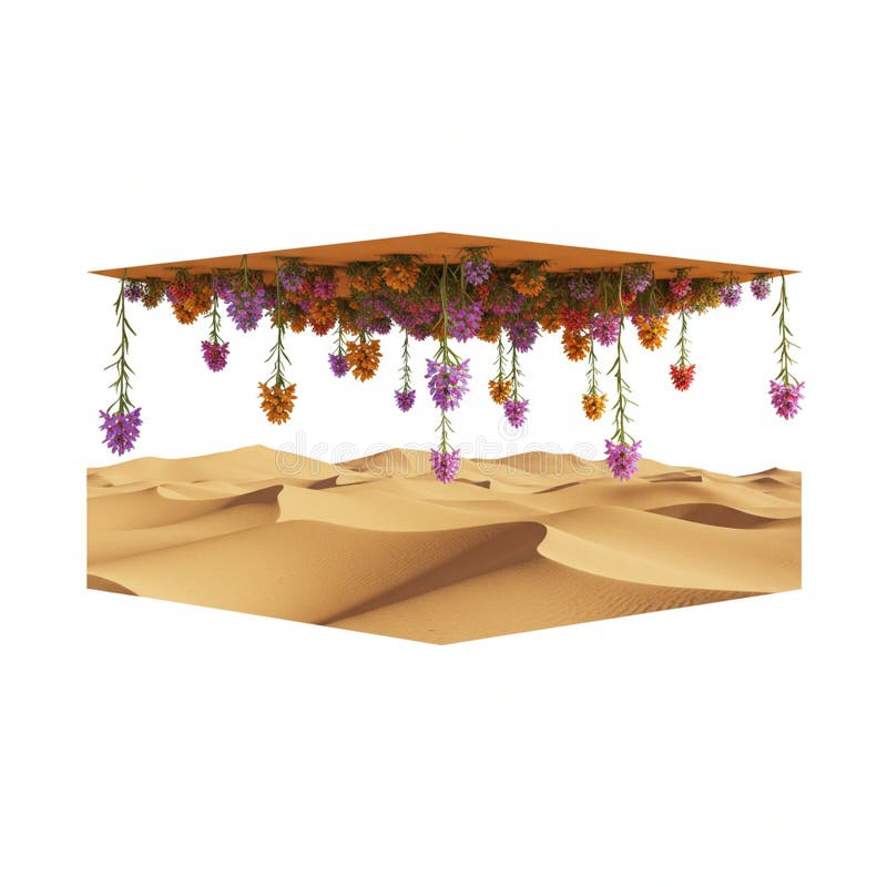 Surreal composition featuring an inverted square panel with cascading clusters of stock illustration