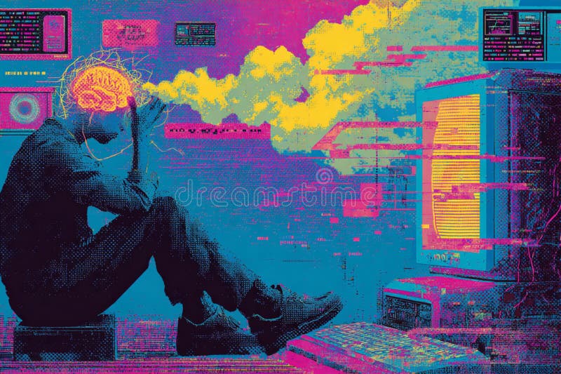 Symbolizing the erosion of critical thinking due to overreliance on AI assistance. Featuring vibrant neon colors, surreal visuals and digital symbolism, this image blends Y2K aesthetics with modern concerns about technology and cognition. Brain disconnect illustrations