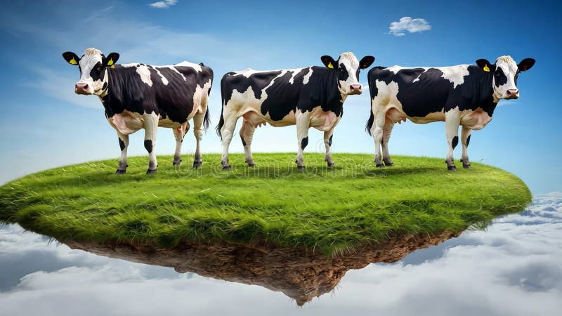 Surreal cows on floating island of grass in whimsical sky, creating dreamlike atmosphere above clouds royalty free illustration