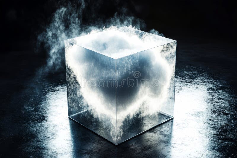 Surreal cube encapsulating ethereal cloud creates dreamlike ambiance in dark space vector illustration